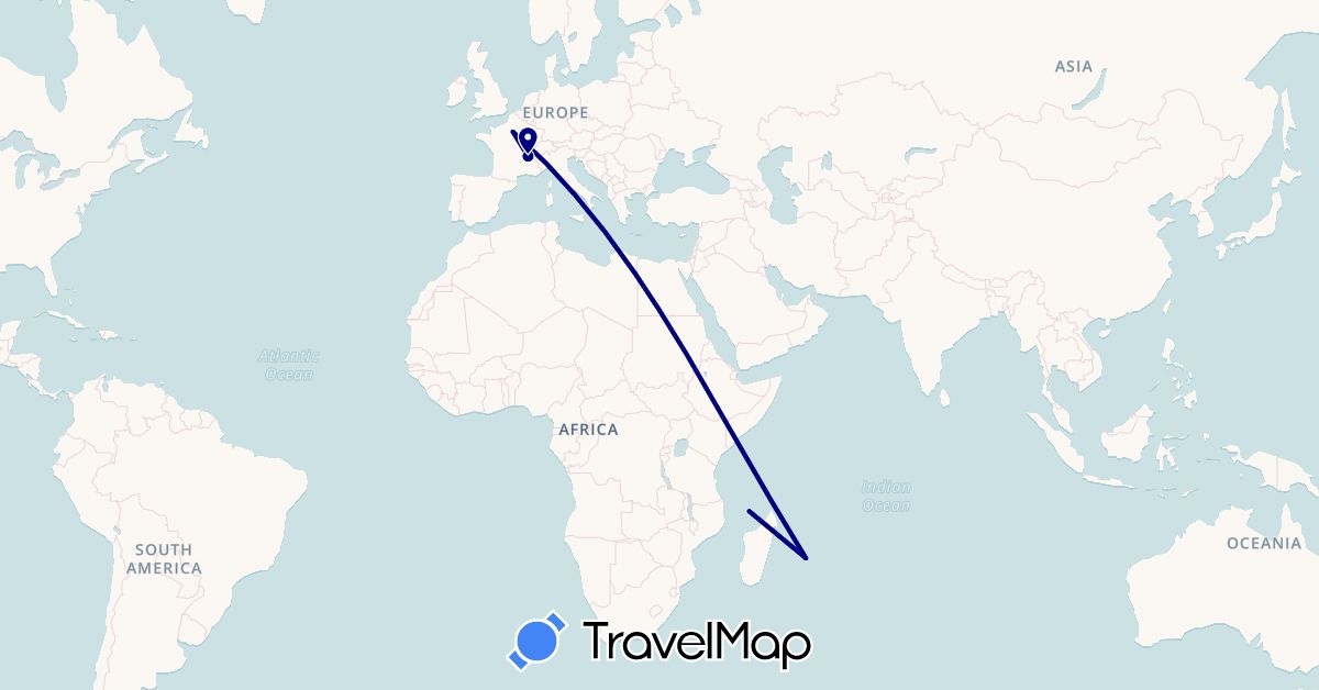 TravelMap itinerary: driving in France, Réunion, Mayotte (Africa, Europe)