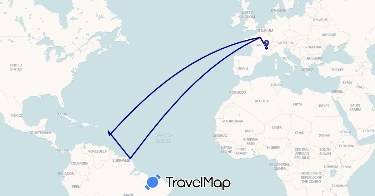 TravelMap itinerary: driving in France, French Guiana, Guadeloupe, Martinique (Europe, North America, South America)